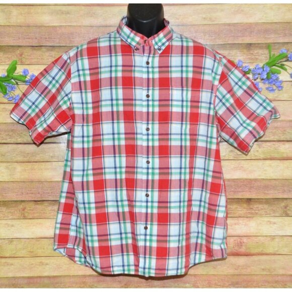 Lands' End Mens XL Short Sleeve Red Plaid Button Down Shirt Cotton Pocket Preppy - Picture 1 of 9